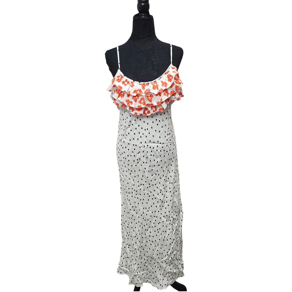 RIXO x Target Polka‎ Dot Ruffle Maxi Dress Sz L White Black Adjustable Strap